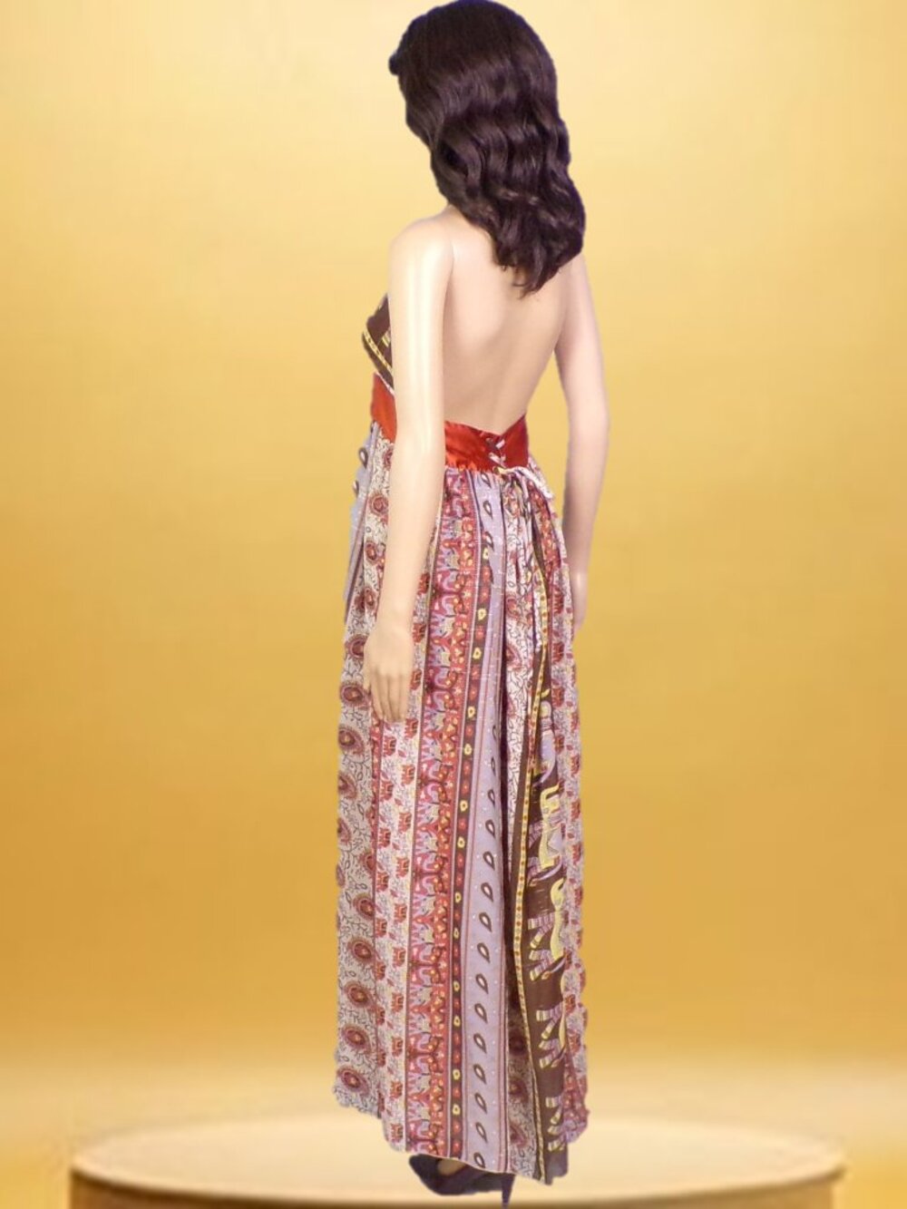 TRICIA FIX size S multicolor elephant-theme off-the-shouldr fit/flare maxi dress - Picture 6 of 14